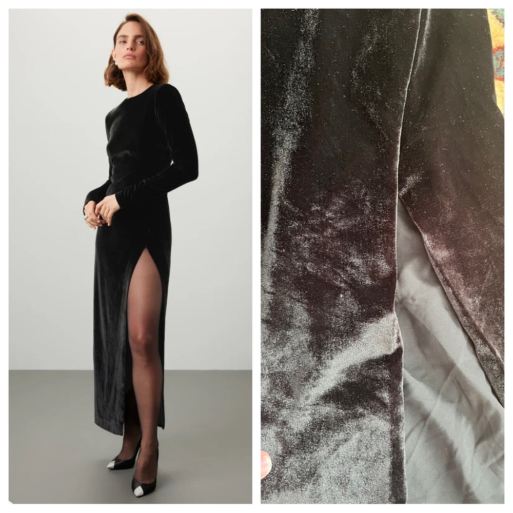 Nonchalant Revolve Black velvet Midi Dress slit long sleeve high neck Maxwell XS